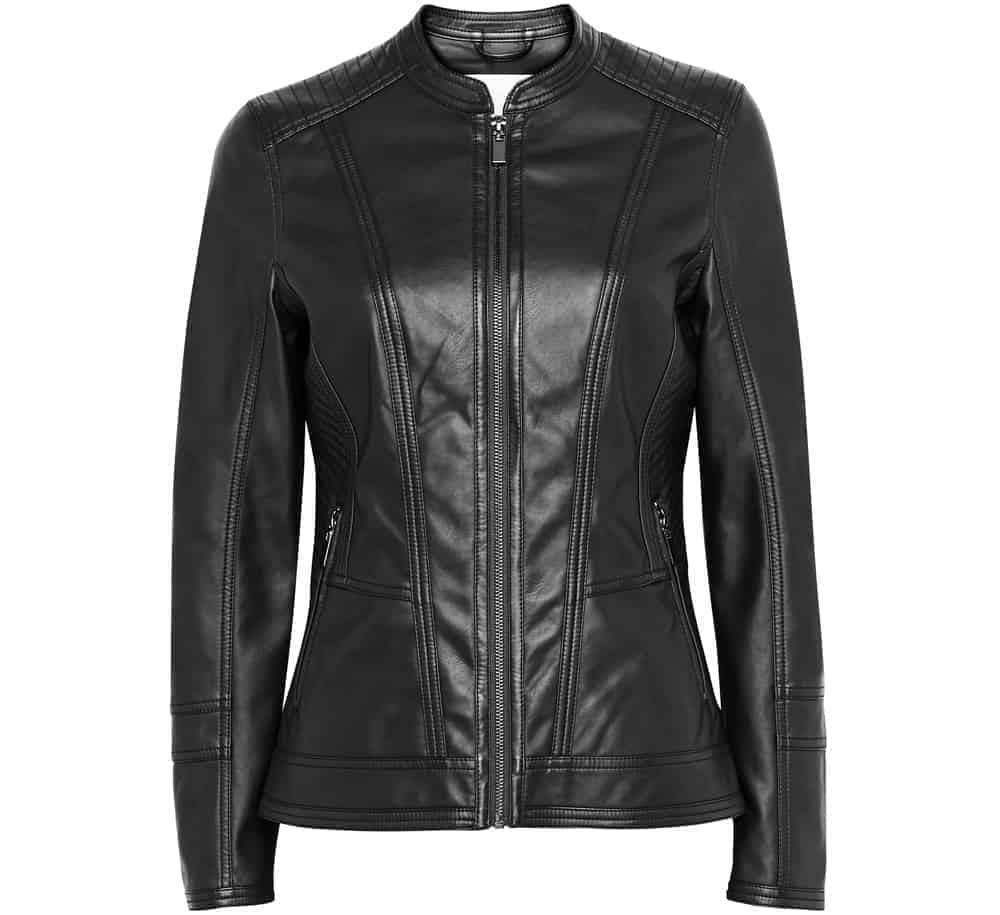 A close look at a black faux leather biker jacket.