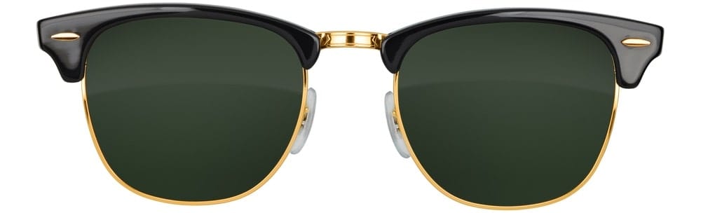 A pair of black browline sunglasses with gold accents.