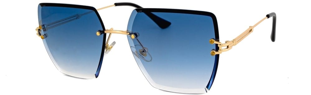 A pair of rimless sunglasses with colored lenses.