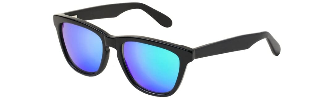 A close look at a pair of sunglasses with colored lenses and plastic frames.