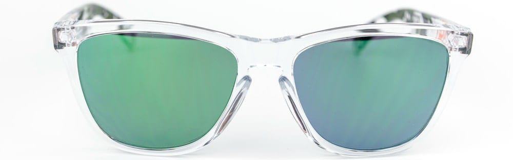 A close look at a pair of ski glass with polycarbonate lenses.