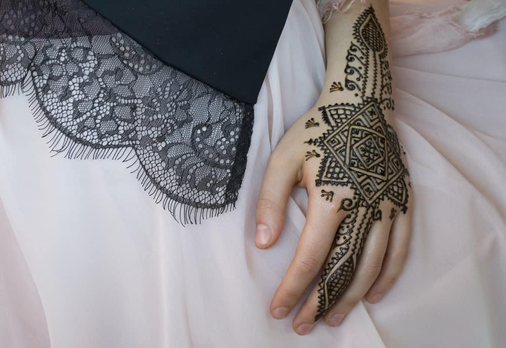 This is a close look at a hand with geometric henna tattoos.
