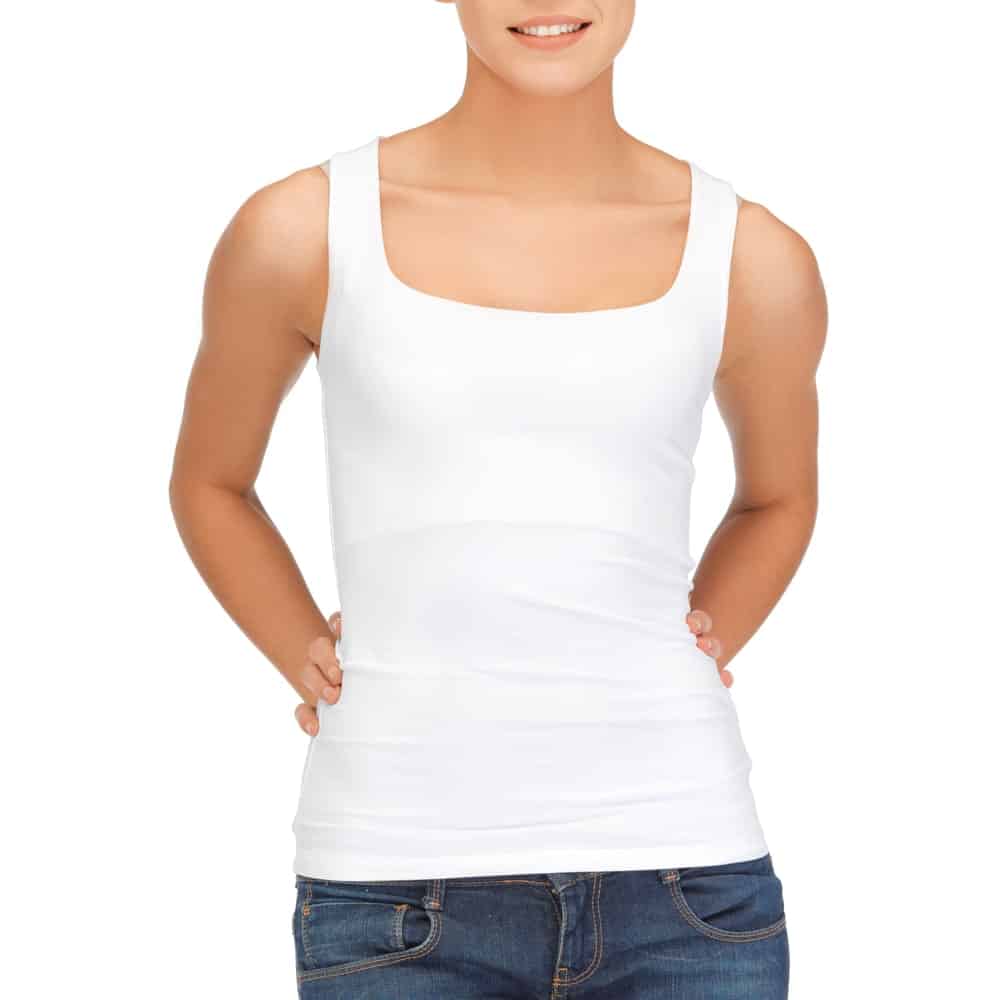This is a close look at a woman wearing a white cotton undershirt tank top.