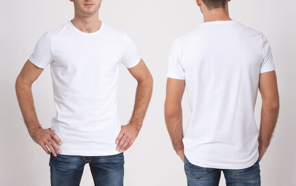This is a front and back view of a man wearing a white undershirt.