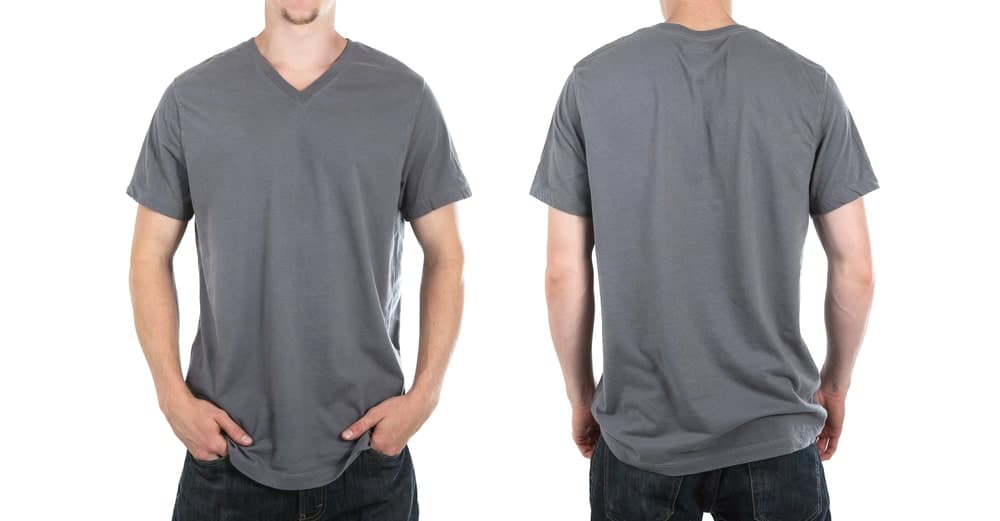 A front and back view of a man wearing a gray V-neck shirt.