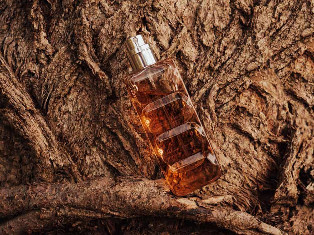 Perfume spray bottle against a wooden bark tree background.