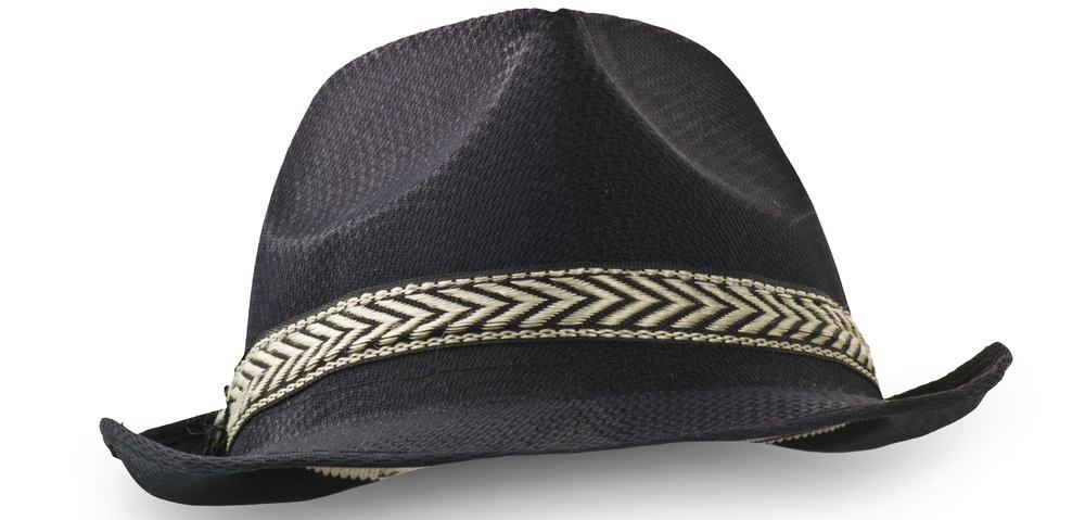This is a close look at a black Borsalino hat with a striped accent near the brim.