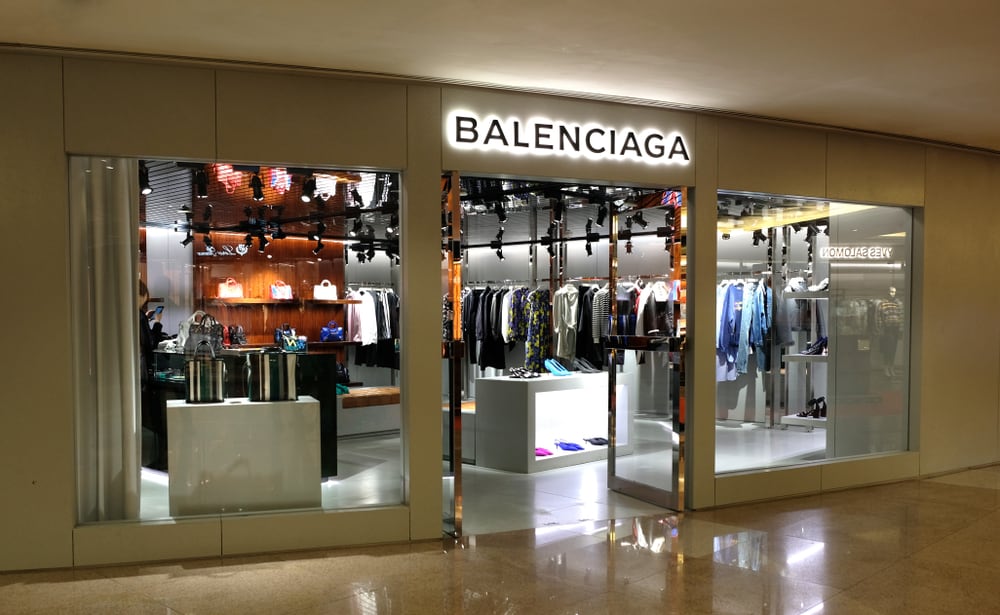 This is a close look at the storefront of a Balenciaga store in Hong Kong.