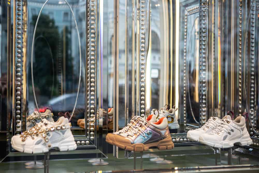 Various sneakers on display at a store.