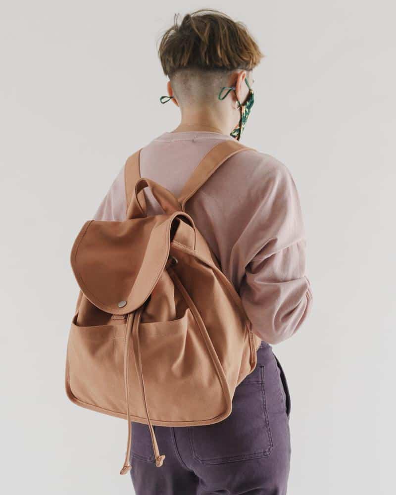 The Drawstring Backpack in Canvas Adobe from Baggu.