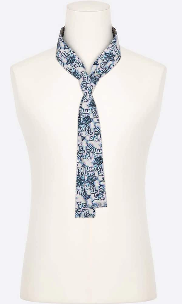The Dior and Kenny Scharf flowing tie with tiger print from Dior.