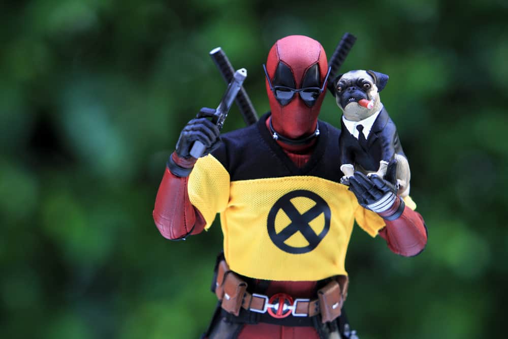 This is a close look at a Deadpool action figure.