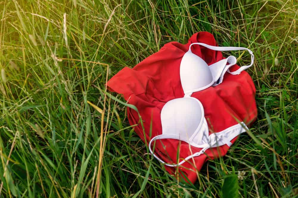This is the a close look at a red shirt and a bra on a grass field.