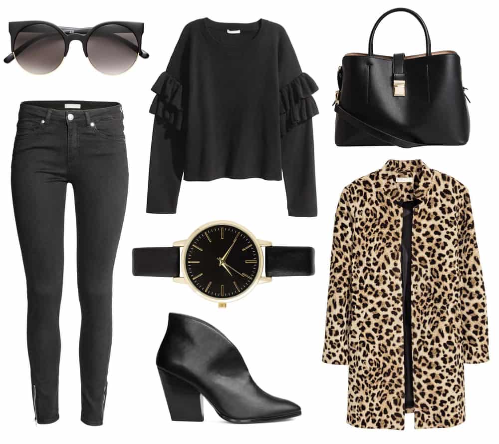This is a full ensemble outfit that includes a pair of black jeans.