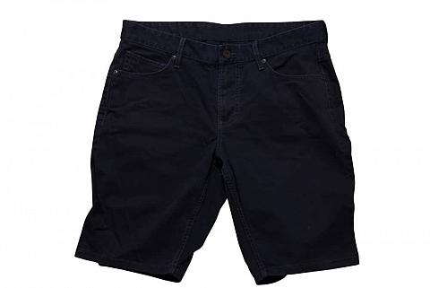 This is a close look at a pair of black denim shorts.