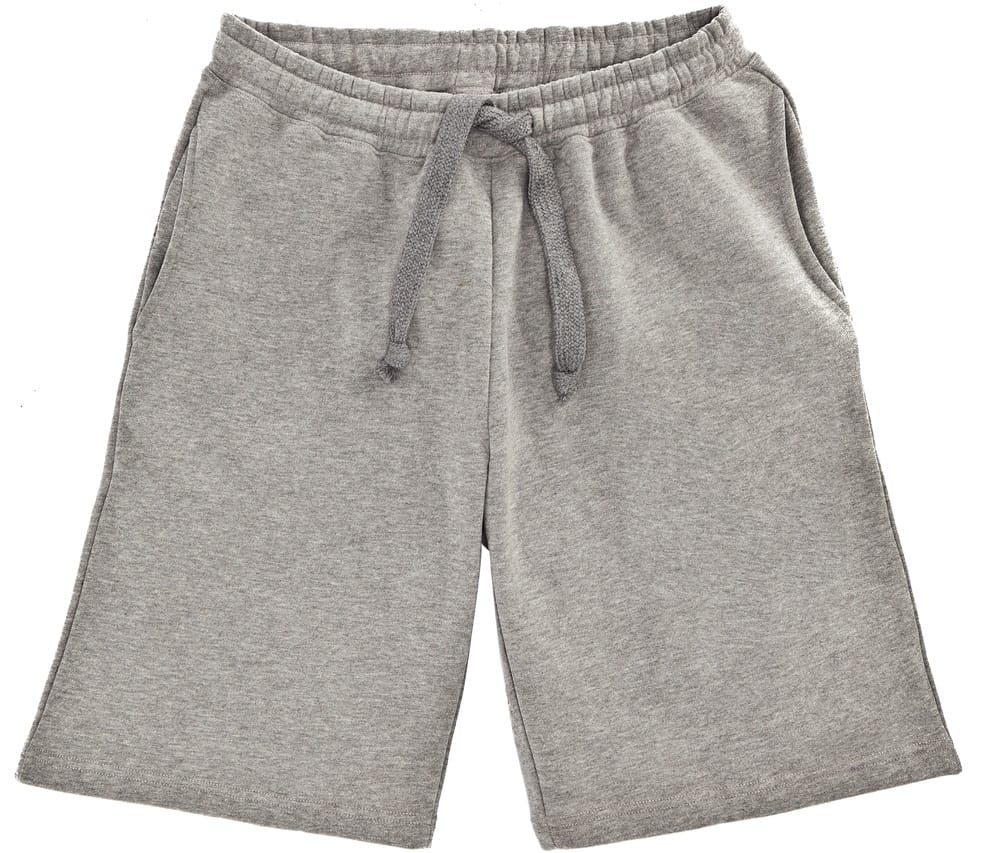 This is a close look at a pair of gray shorts.