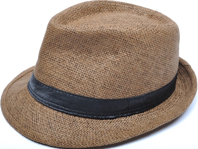 This is a close look at a woven brown trilby hat.