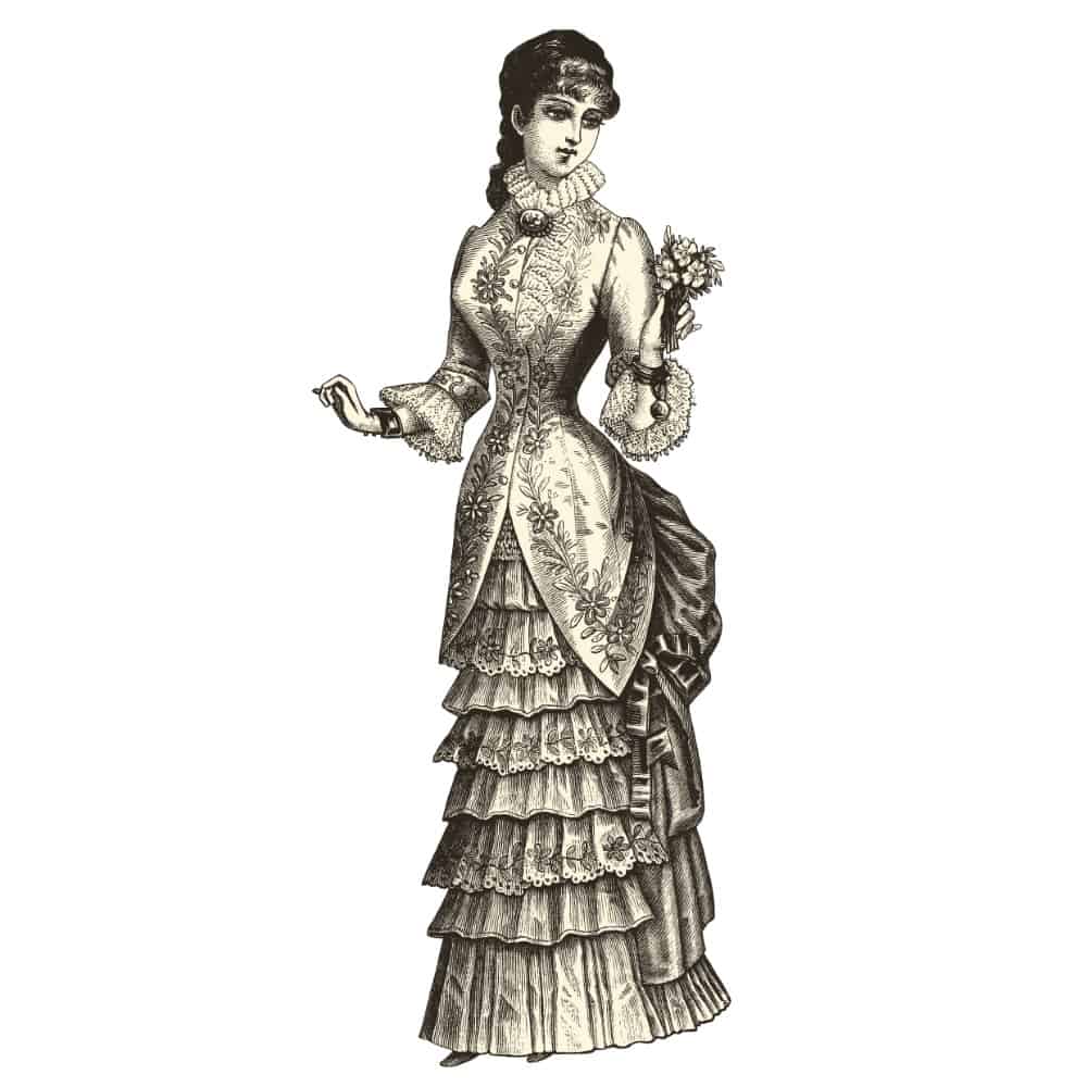 Vintage illustration of a woman wearing a wedding dress and gloves.