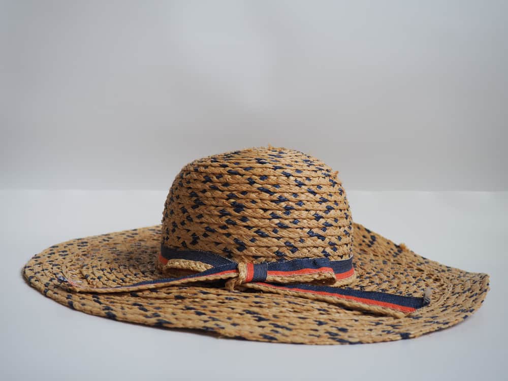 Raffia straw hat with blue and red ribbon.