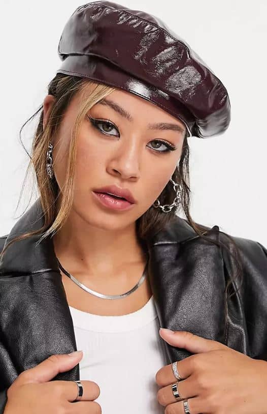 This is the ASOS DESIGN vinyl beret in burgundy from ASOS.