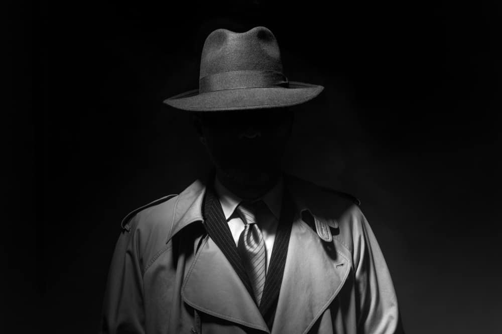 A man shrouded in shadow wearing a gray trench coat and a gray fedora .