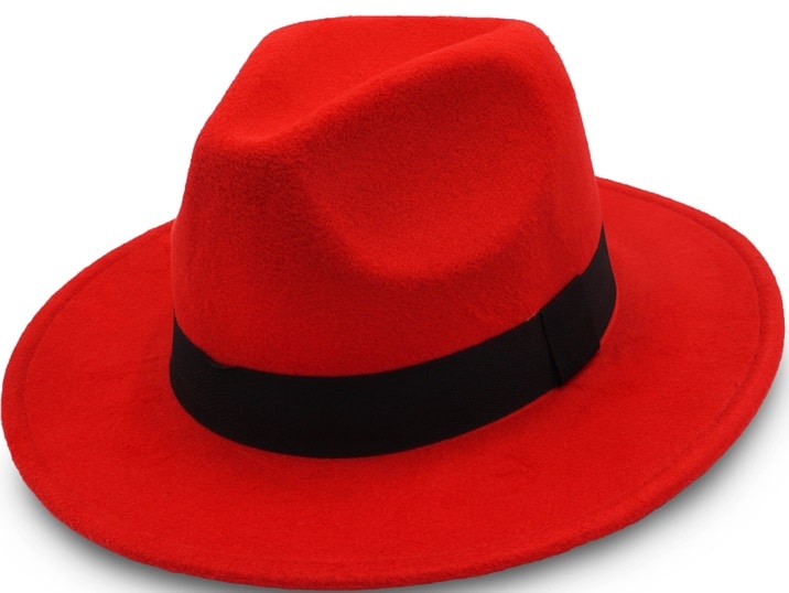 A close look at a red fedora with black band.