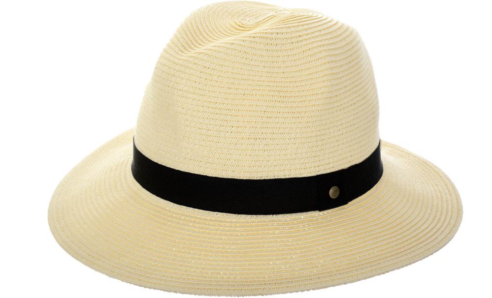 This is a close look at a light beige straw fedora hat with black band.