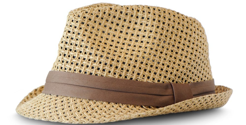 This is a woven straw fedora hat with a brown cloth band.