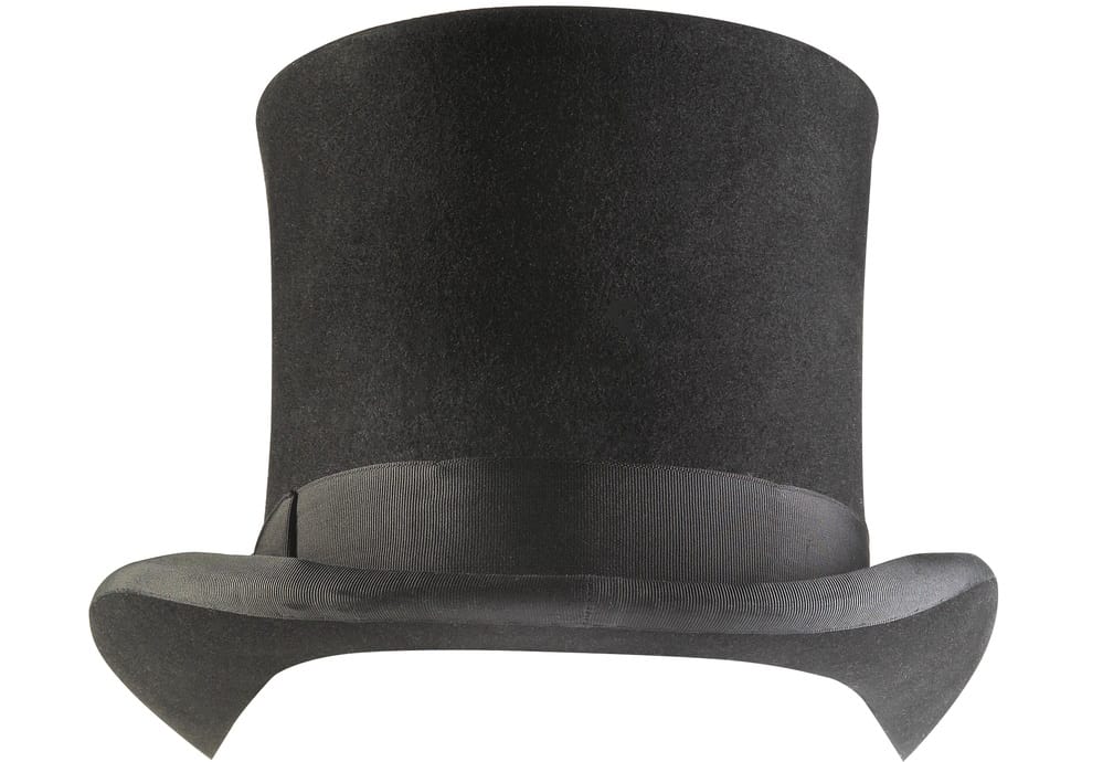 This is a close look at a black top hat with a black cloth band.
