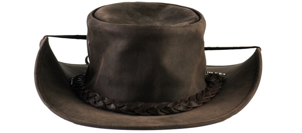 This is a brown leather outback hat with leather band and straps.