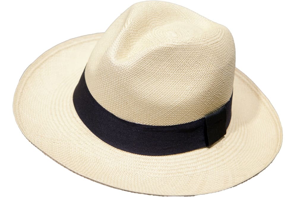 A close look at a light beige Panama hat with black band.