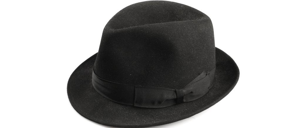 This is a black felt fedora hat that has a black cloth band.