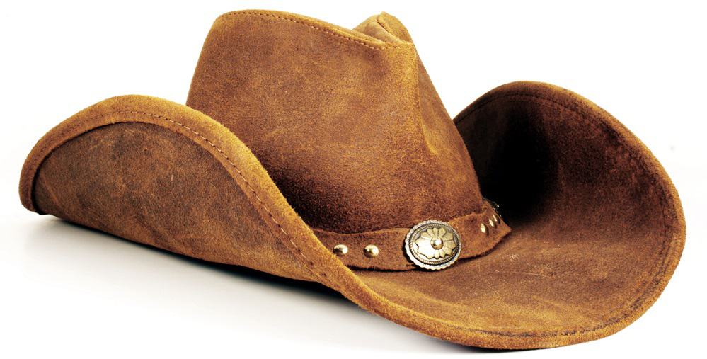 A close look at a brown felt cowboy hat with buckle.