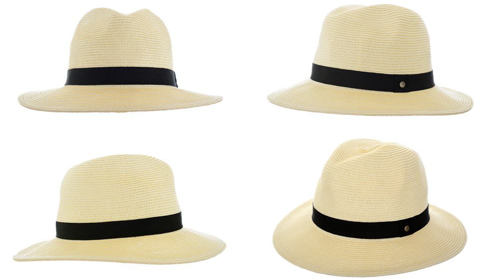This is a woven Panama hat with a black band as seen from different angles.