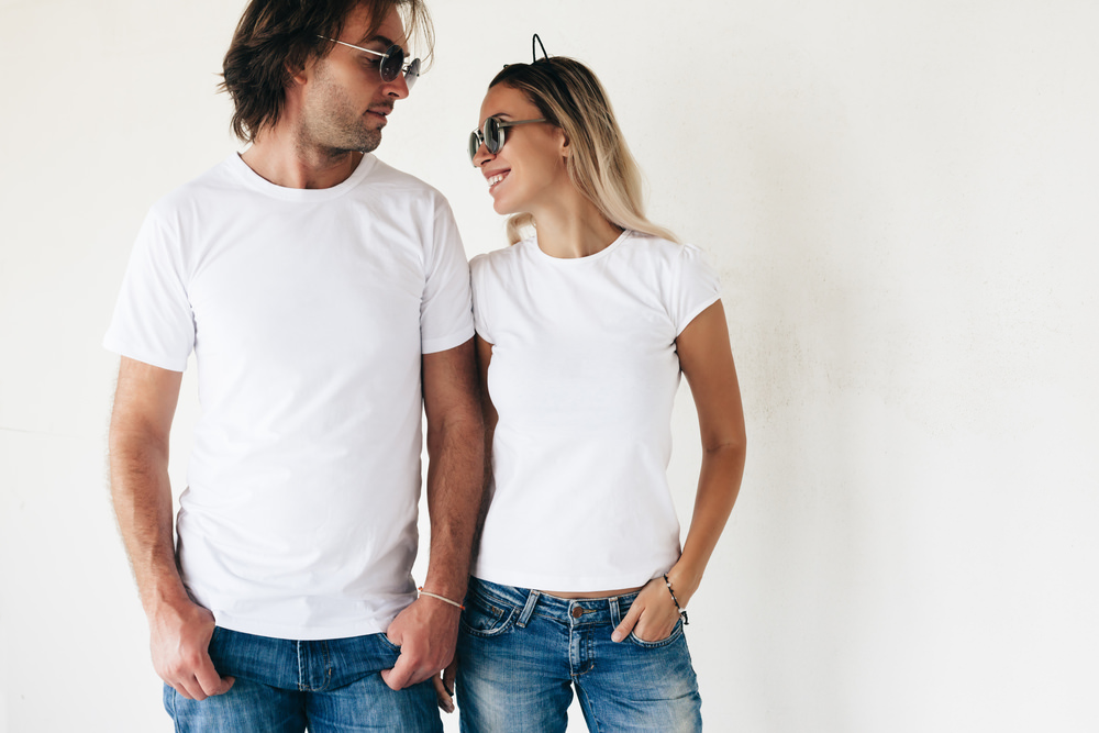 Woman and man wearing white t-shirts
