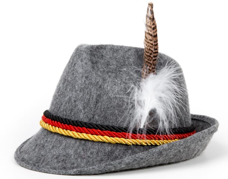 This is a gray German Alpine Hat with colorful bands and a feather.